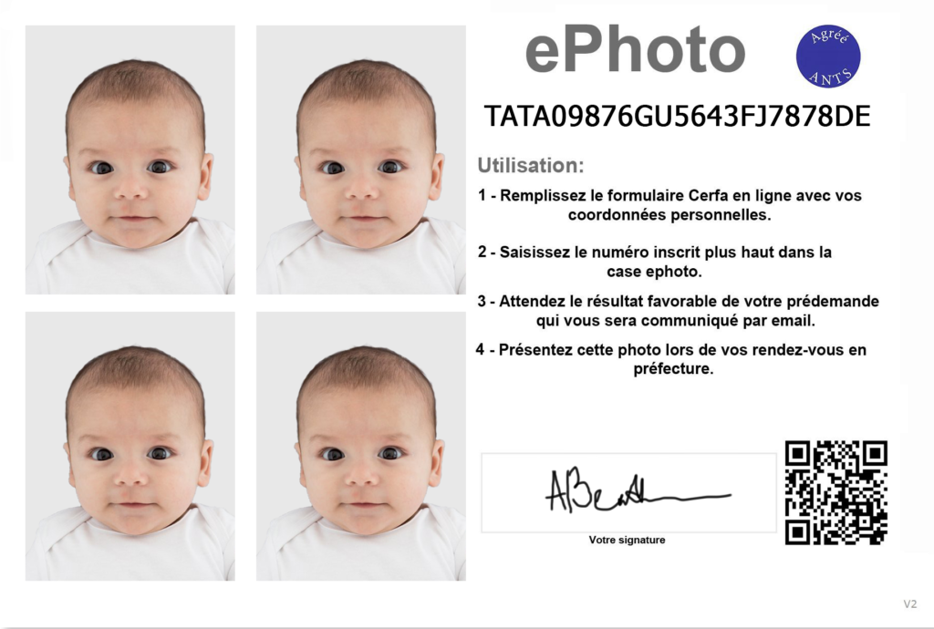 image qui montre Planche photo de 4 photos bebe officielles avec code ephoto conformes faite par smartphone id