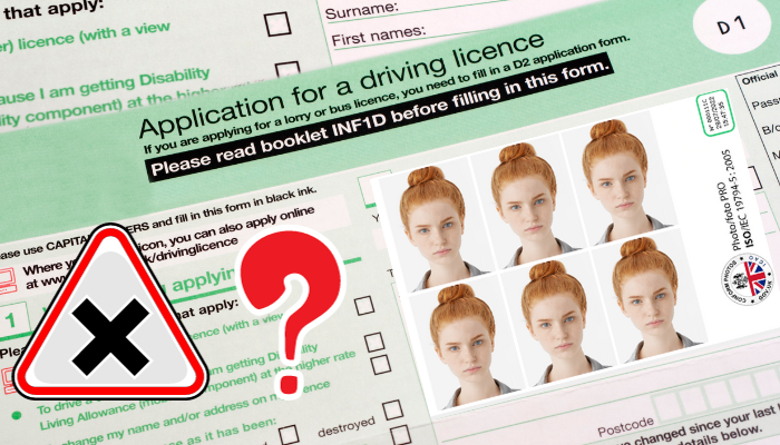 picture shows uk driving licence photo with avoid icon and application form of uk driving licence 