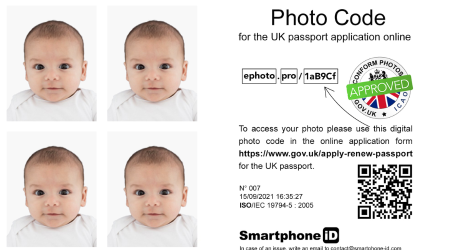 baby passport photo with digital code UK CREATED BY SMARTPHONE ID APP
